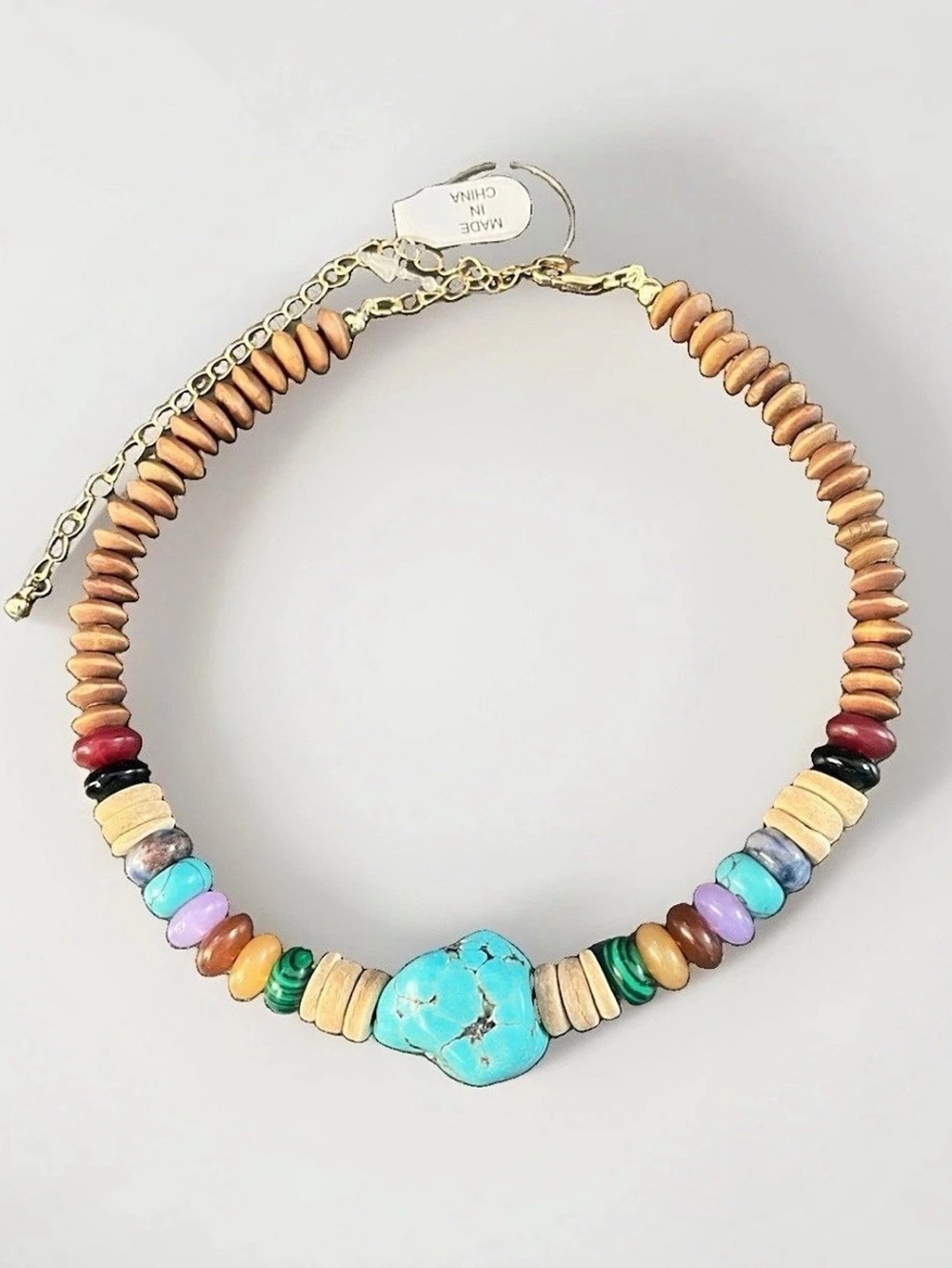 Free People Beaded Stone Wood Necklace Turquoise Multi Color Boho Statement New
